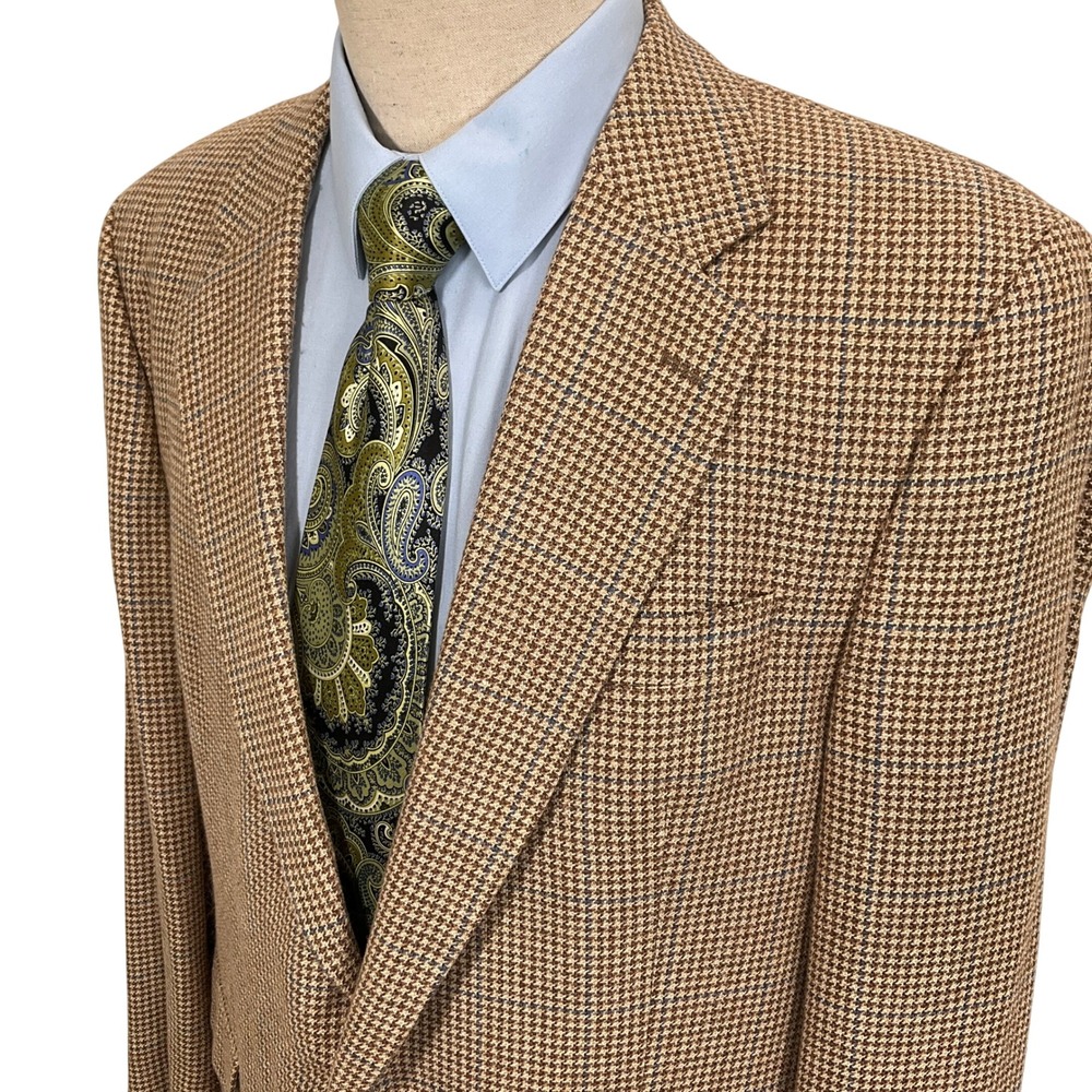 Jos A Bank Blazer Mens 44L Brown Blue Houndstooth Plaid Silk Linen Wool Portugal